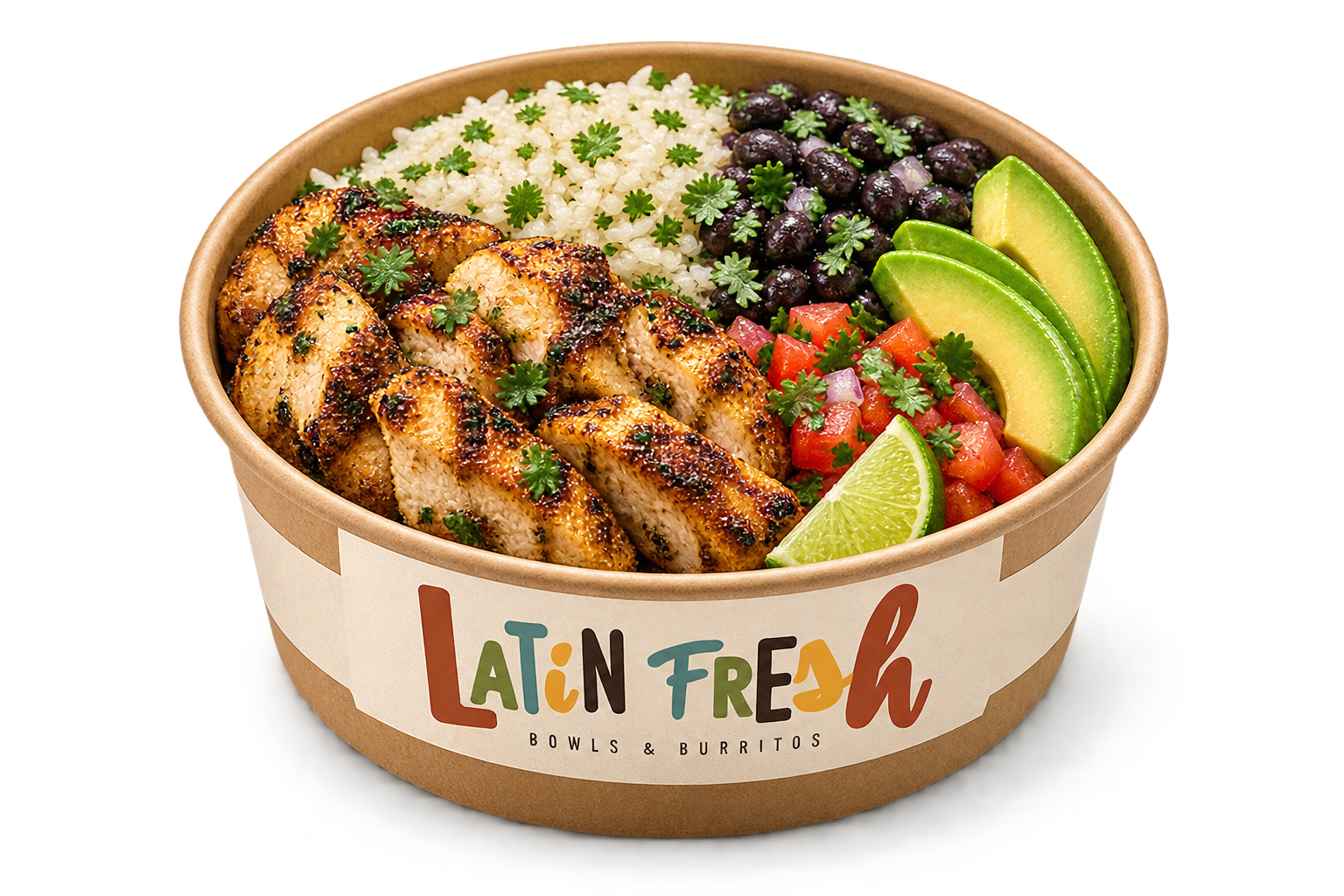 Peruvian roast chicken bowl with rice, beans and fresh avocado
