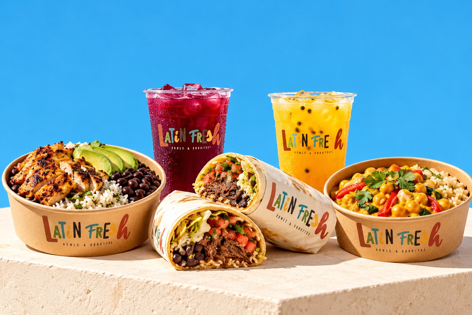 Latin Fresh chicken bowl, beef burrito, vegan bowl and fruit drinks in a bright studio campaign