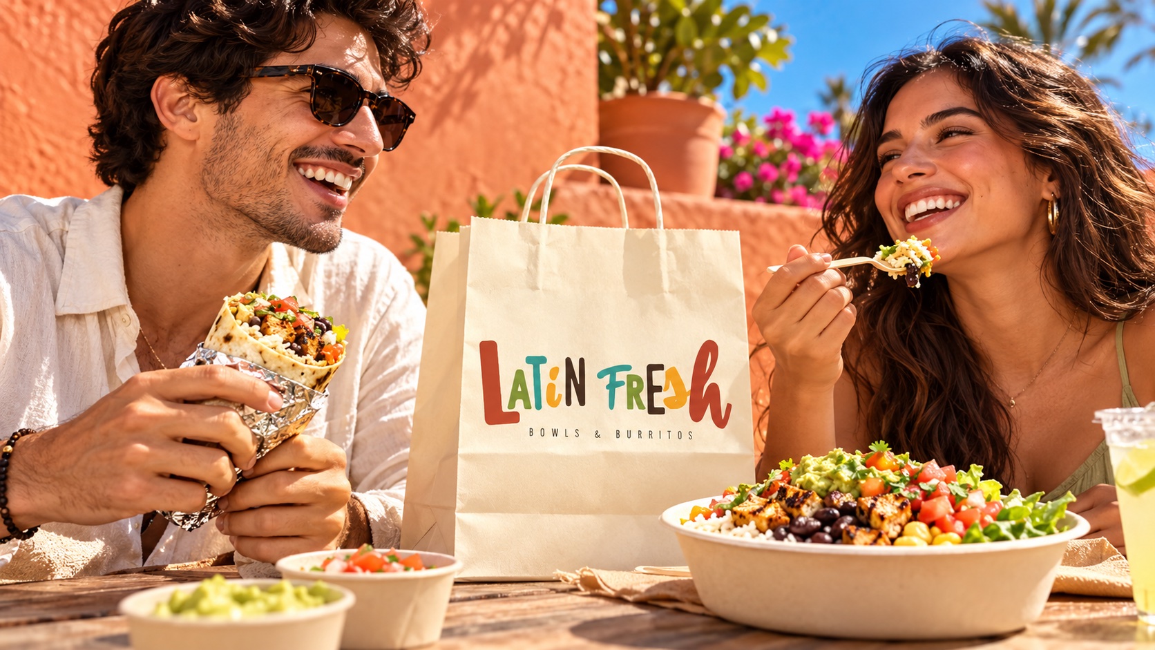 Friends sharing Latin Fresh outdoors on a sunny day