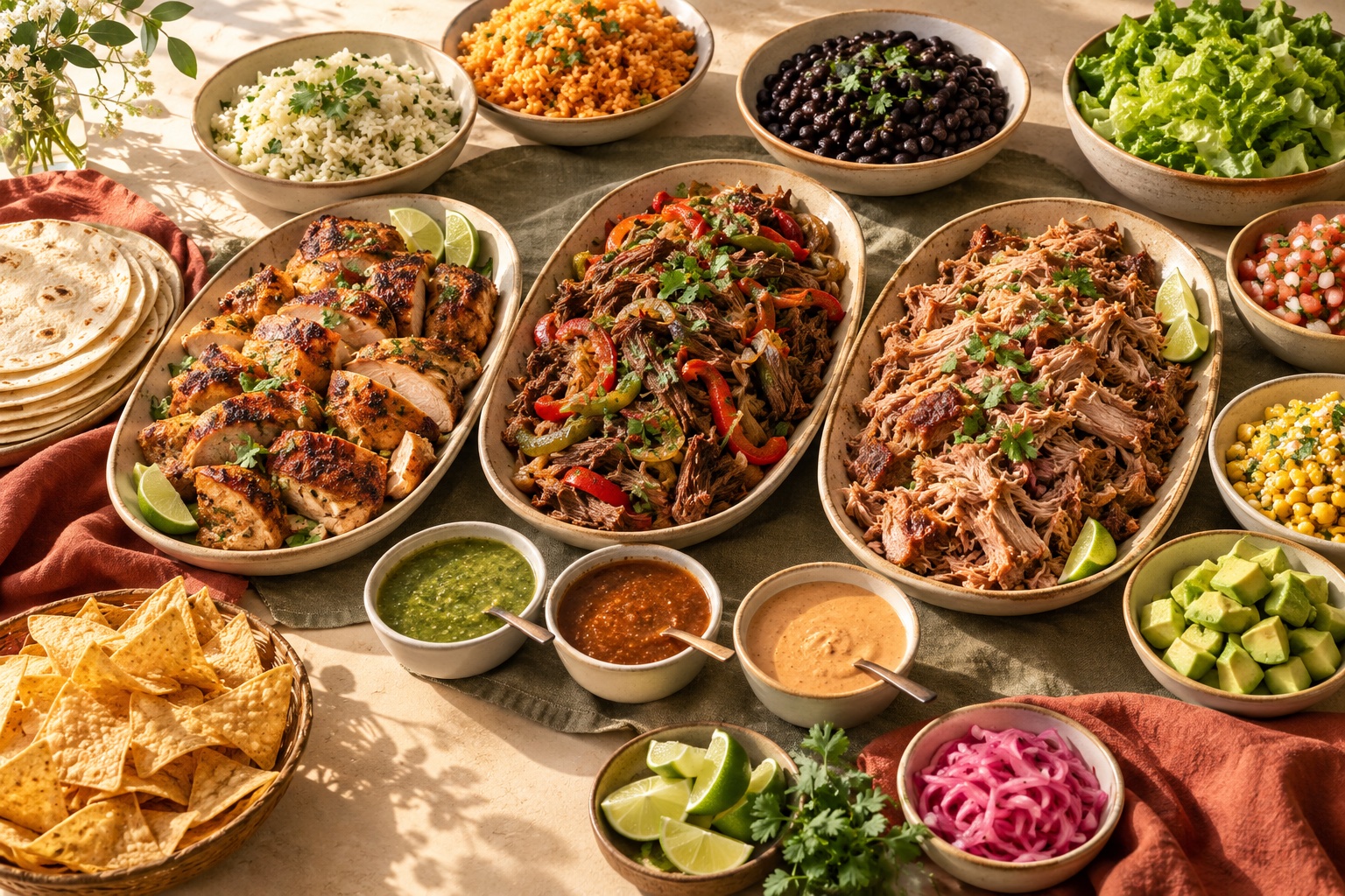 Three-protein catering spread with sauces and toppings